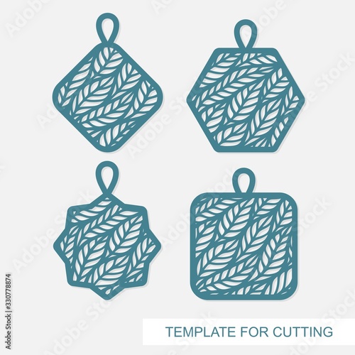 Set of pendants in the shape of a rhombus, star, square, hexagon. Beautiful lace floral pattern of leaves. Vector template for laser cutting, metal engraving, wood carving, paper cut or printing. 