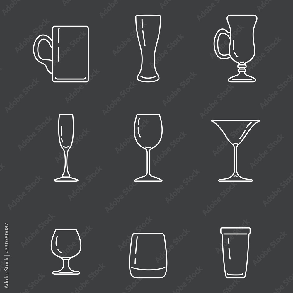 Vector Set of White Outline Alcohol Drinking Glass Icons Vector Set of White Outline Alcohol Drinking Glass Icons