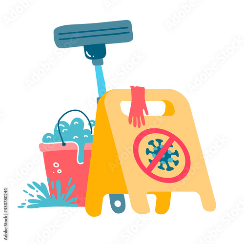 Cleaning during coronavirus quarantine concept. Yellow Caution sign, red bucket, mop, latex gloves Prevention of Novel corona virus disease COVID-19, 2019-nCoV, MERS-Cov. Vector flat illustration