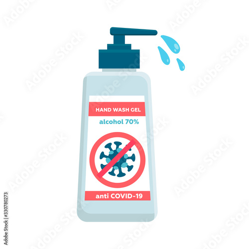 Hand sanitizer bottle for people washing hands to help stop spreading outbreak Coronavirus covid-19 for public health safety. 70% alcohol liquid inside. Flat vector illustration.