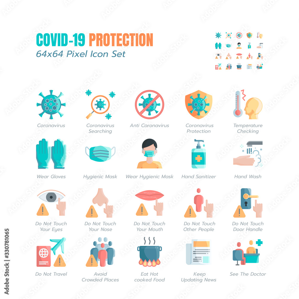Simple Set of Covid-19 Protection Flat Icons. Icons as Guidance Protective Measures, Coronavirus Prevention, Hygienic Healthcare, Solution, Awareness, Hands Wash, Wear Face Mask etc. 64x64 Pixel