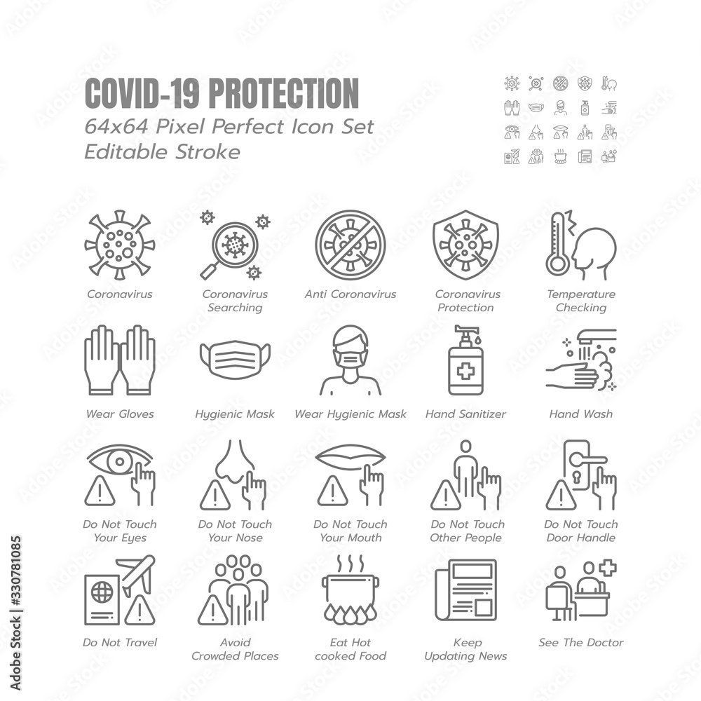 Simple Set of Covid-19 Protection Line Outline Icons. such Icons as Protective Measures, Coronavirus Prevention, Hygienic Healthcare, Solution, Awareness etc. 64x64 Pixel Perfect. Editable Stroke.