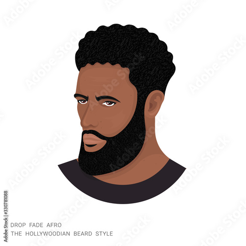 Vector illustration of a man with a drop fade afro and hollywoodian beard on a white background. The modern person with a stylish haircut. Template for barbershops, salons. Avatar in style realism.