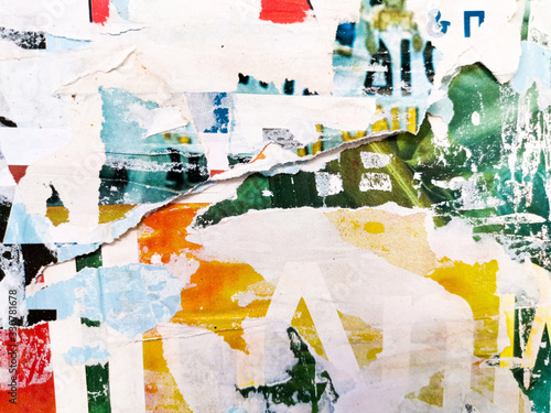 Old grunge ripped torn vintage posters creased crumpled paper surface texture background