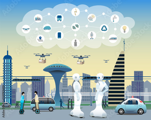 Internet of Things, IoT, city use case. Everything connected by 5G in the cloud. Drones, robots and autonomous vehicles. Electrified public transports for a sustainable environment. 