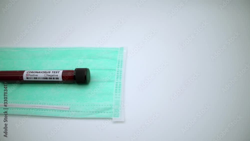 4K, Protective mask and positive COVID-19 test. Laboratory sample of blood testing for diagnosis new Corona virus infection. Disease 2019 from Wuhan. Pandemic infectious concept-Dan 4K, Protective mask and positive COVID-19 test. Laboratory sample of blood testing for diagnosis new Corona virus infection. Disease 2019 from Wuhan. Pandemic infectious concept-Dan