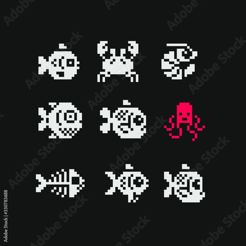 Sea animals pixel art icons set, mosaic design, fish, shrimp, crab, isolated vector flat style illustration. Fish skeleton. Design for stickers, logo, embroidery and app. Video game assets 1-bit.