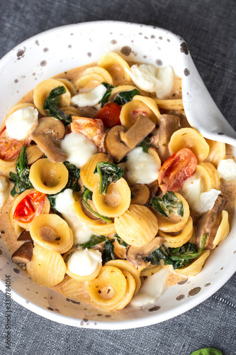 Italian orecchiette pasta with spinach and tomatos photo