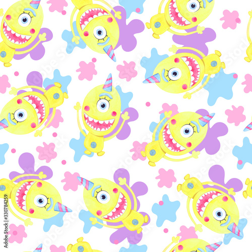 Bright summer seamless pattern for kids with yellow watercolor monster and abstract blots.