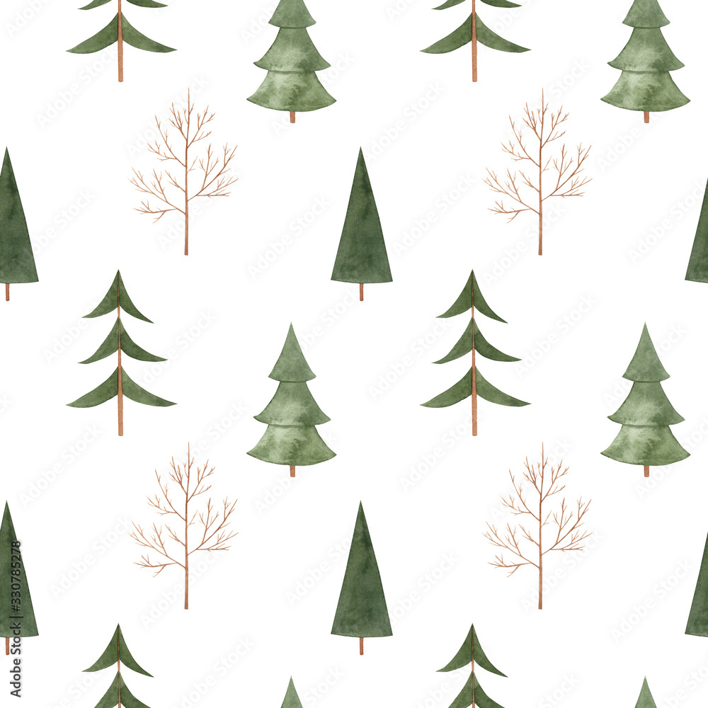 Fototapeta premium Watercolor hand drawn seamless pattern with abstract winter trees. Coniferous forest modern print isolated on white background good for wallpaper, textile, print etc.
