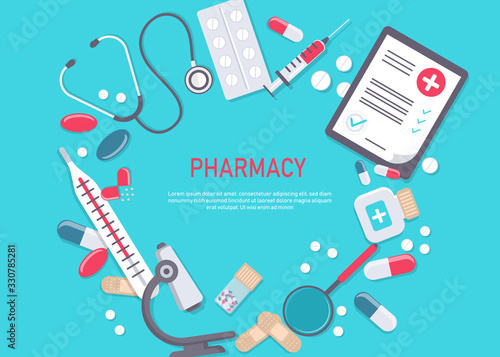 Medicine vector illustration. Pharmacy background, pharmacy desing, pharmacy templates. Medicine, pharmacy, hospital set of drugs with labels. Medication, pharmaceutics concept. Different medical