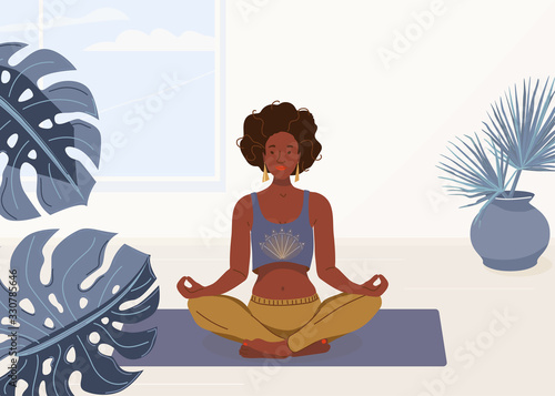 Black woman yoga at home vector background illustration. African young girl sitting in yoga lotus pose. Happy relaxed black female character performing meditation exercise