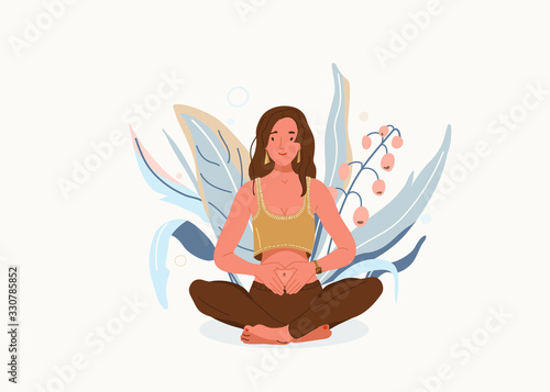 Love yourself vector background. Self-care body wellness concept. Young woman sitting in yoga posture. Girl fold her hands on her stomach, fingers formed heart shape. Happy meditate female character