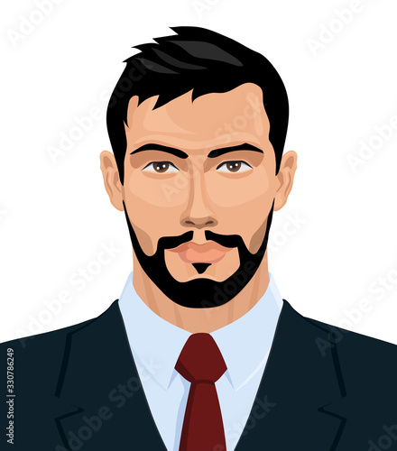 Portrait of strong man in darck jacket, white shirt and dark red tie. Vector illustration.