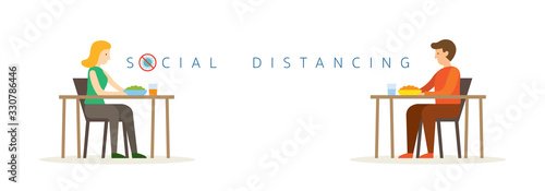 Man and Woman Eating on Table, Social Distancing Concept