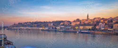 Belgrade Danube river boats and cityscape panoramic view photo
