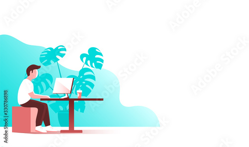 Young modern man with a beard works at the computer in the office. Sits by the table. Vector flat illustration.