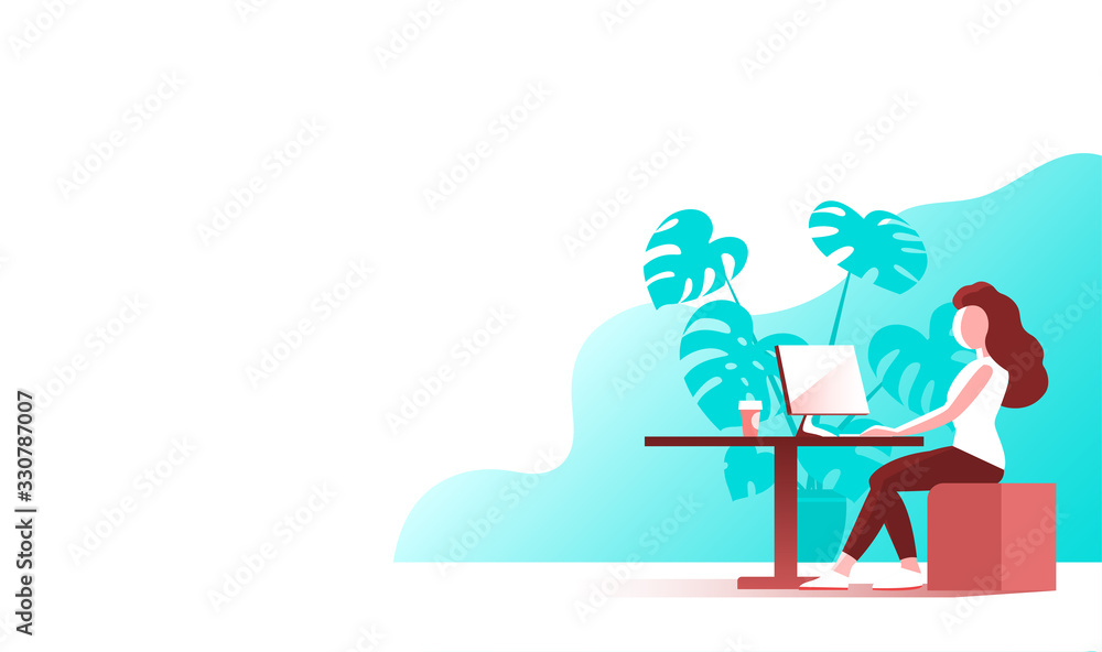 Young modern woman with a beard works at the computer in the office. Sits by the table. Vector flat illustration.