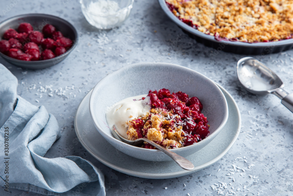 delicious cherry crumble pie served with vanilla ice cream delicious cherry crumble pie served with vanilla ice cream