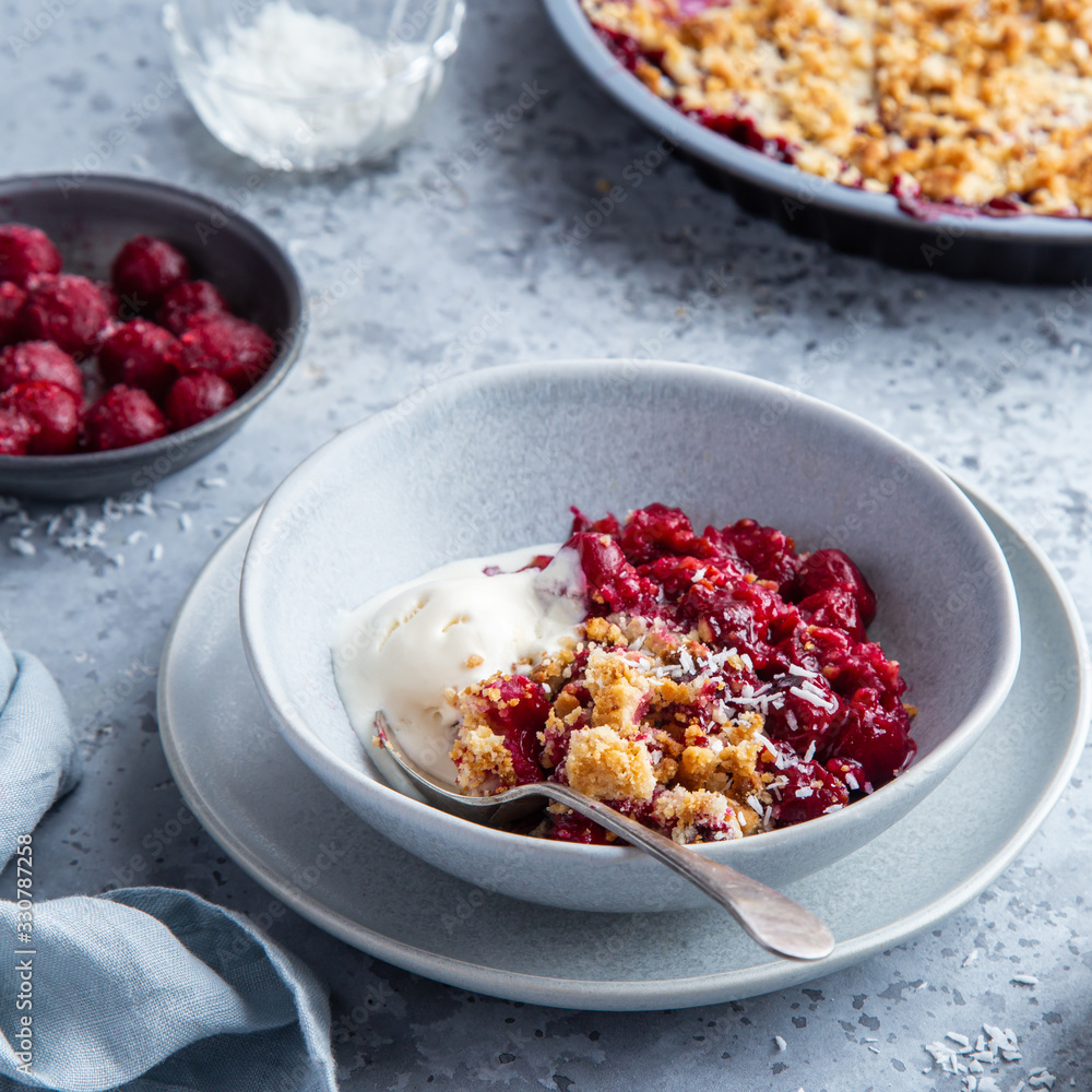 delicious cherry crumble pie served with vanilla ice cream delicious cherry crumble pie served with vanilla ice cream