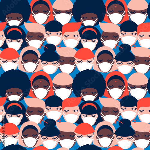 seamless pattern with people of different nationalities in white medical face masks