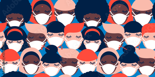 Coronavirus pandemic. Covid-19. seamless pattern with people of different nationalities in white medical face masks