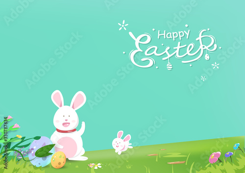 Easter, cute rabbit character family plays in garden, greeting card holiday invitation, landscape poster background vector illustration
