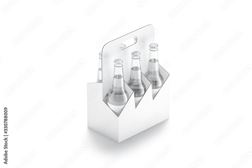 Blank white glass berr bottle cardboard holder mockup, isolated Blank white glass berr bottle cardboard holder mockup, isolated