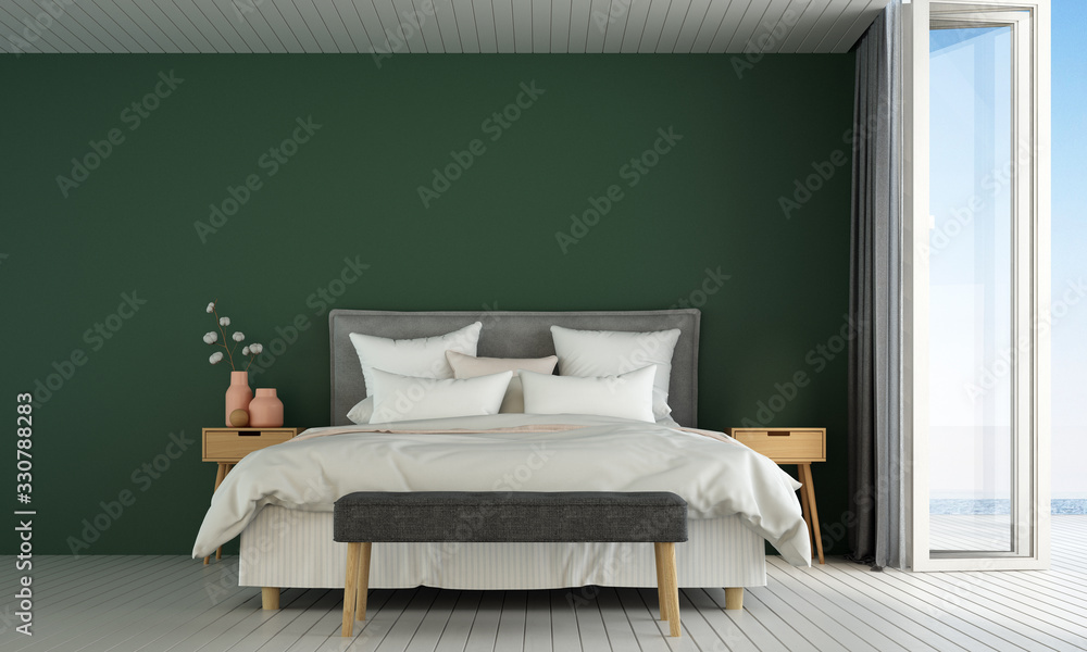 The interior design of modern bedroom and green wall texture background and  sea view Stock Illustration | Adobe Stock