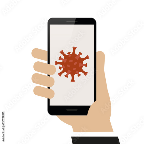 hand holds smartphone with virus icon isolated on white background vector illustration EPS10