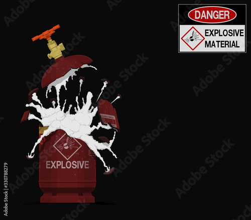 A gas cylinder is exploding on black background