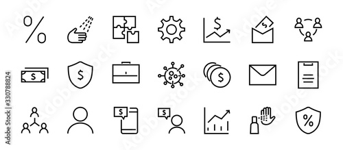 Set of business vector line icons. It contains user symbols, dollar pictograms, gears, briefcase, puzzles, envelope, percentage, messages, schedule, and more. Editable Bar 460x460 pixels.