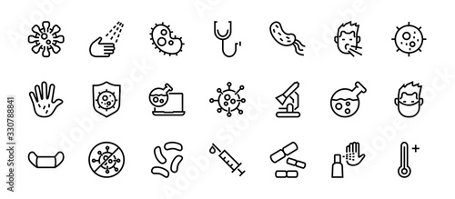 CORONAVIRUS a set of icons on the theme of Coronavirus, contains such icons as nucleation, hand washing, mask, bacteria, sneezing, Editable stroke, on a white background