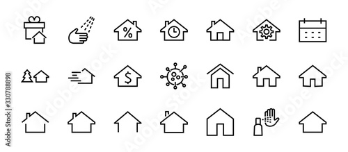 Simple set of line vector home icons. Contains house symbols at interest, infuse house and more. Editable stroke. 480x480 pixels perfect