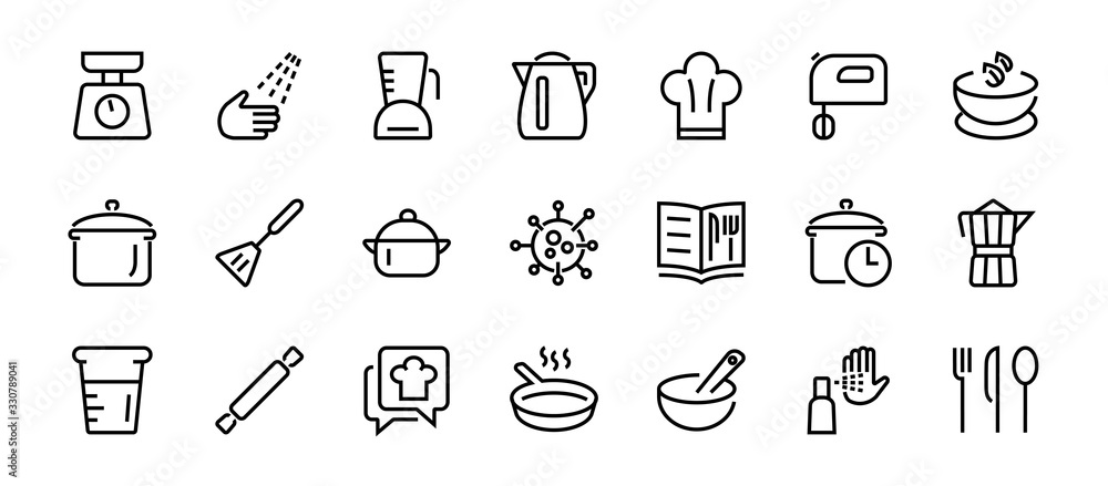 Set of icons for cooking and kitchen, vector lines, contains icons such as a knife, saucepan, boiling time, mixer, scales, recipe book. Editable stroke, perfect 480x480 pixels, white background Set of icons for cooking and kitchen, vector lines, contains icons such as a knife, saucepan, boiling time, mixer, scales, recipe book. Editable stroke, perfect 480x480 pixels, white background