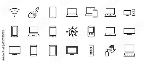 set of smart devices and gadgets, computer hardware and electronics. Electronic device icons for web and mobile vector lines. Editable stroke. 480x480 pixels © RUVYM