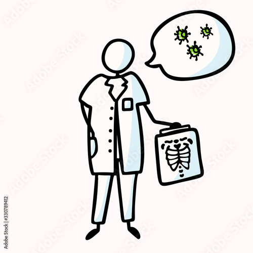 Corona virus covid 19 stick man doctor explainer infographic. Viral flu lung xray spread news alert. Educational pneumonia graphic clip art. Icon black white. Vector flu safety caution awareness.  