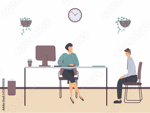 A female boss and a male subordinate sit at a table in loft style office. Concept a woman scolds a underling or conducts an interview with a candidate for position. Vector colourful illustration