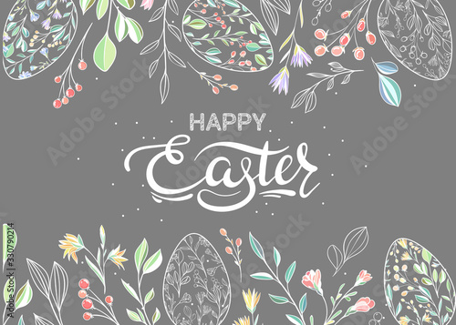 Happy easter. Banner / background with painted eggs and plants