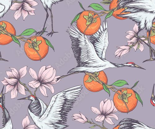 Seamless oriental pattern with cranes, magnolia flowers and persimmon