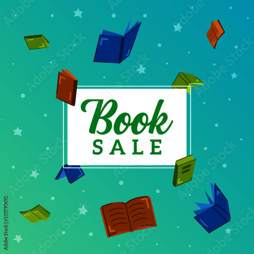 Book Sale Background Banner in Flat Style Cool Colors with Confetti