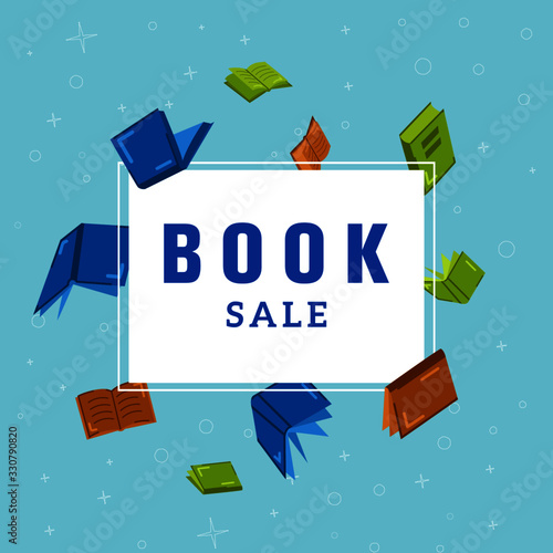 Book Sale Background Banner in Flat Style Cool Colors with Confetti
