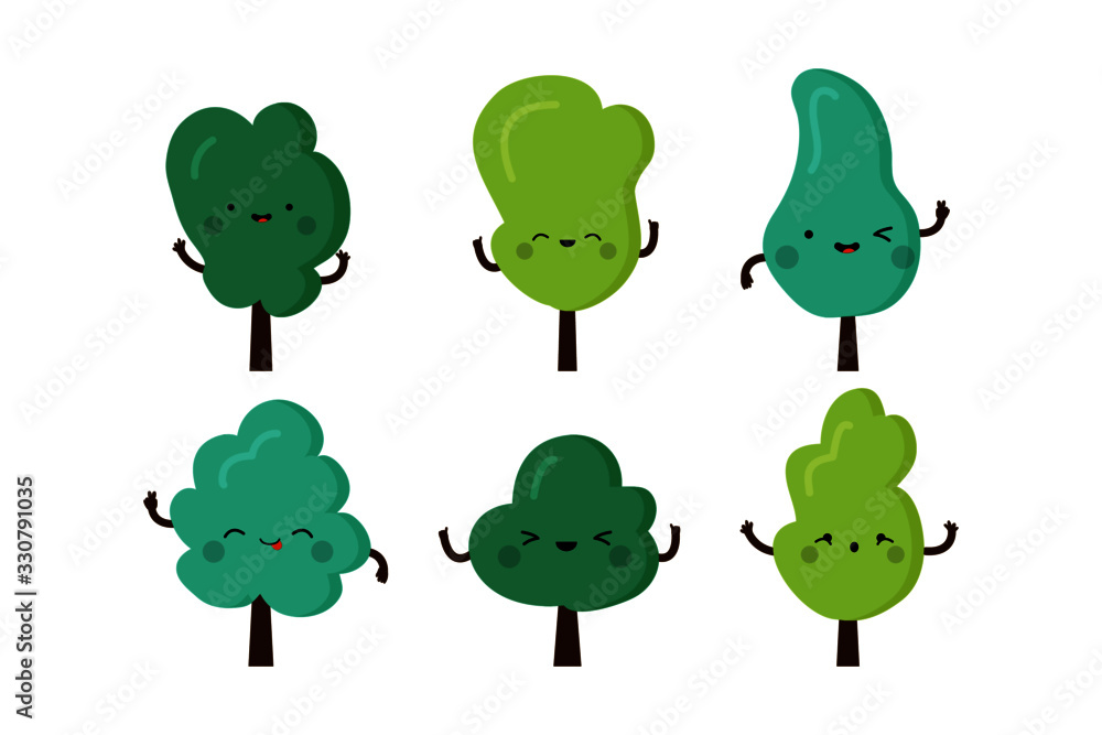 Collection of trees illustrations in kawaii style with cute face expression