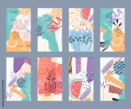 Set of story template collection with abstract hand drawn elements. Social media stories wallpaper set. 