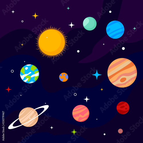 Vector creative illustration of astronomical bodies and sun on black background. Celestial objects in outer space. Planet of solar system in galaxy.