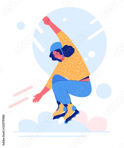 Roller skating young woman. Girl rollerblading. Extreme sport.