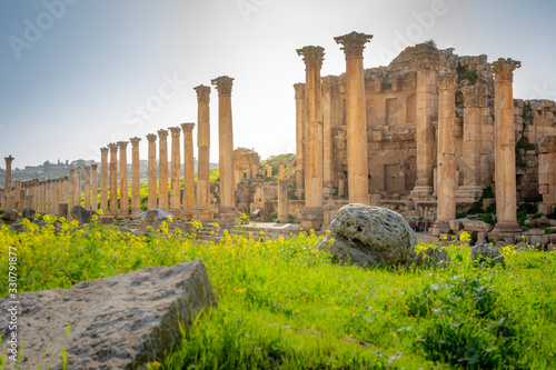 Nymphaeum and the Colonnaded Street of historical roman city of Gerasa, Jerash, Jordan.  photo