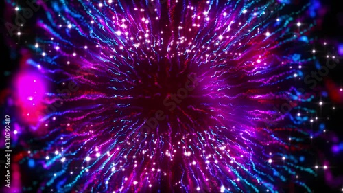 4K Abstract motion background animation shining particles and neon colors light  forms fluctuating in space seamless loop