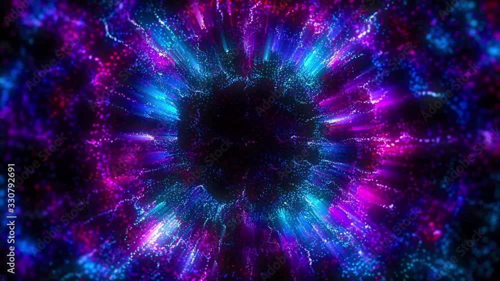 4K Abstract motion background animation shining particles and neon colors light  forms fluctuating in space seamless loop