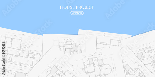 Architectural project on a white sheet of paper .Technical drawing background.Engineering design .Vector , illustration.